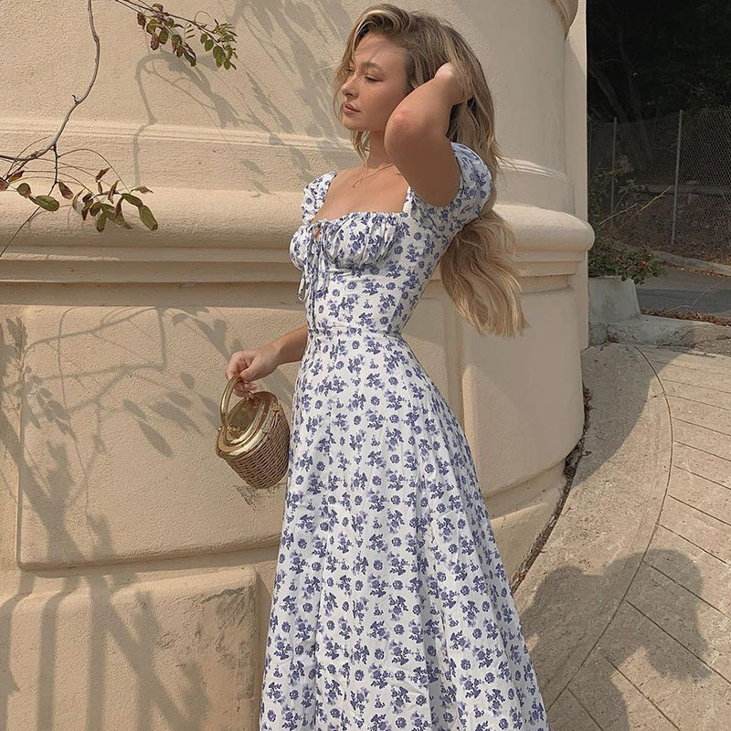 Luxlili | Robes longues d'été à fleurs avec manches courtes bouffantes Laurienne Paris