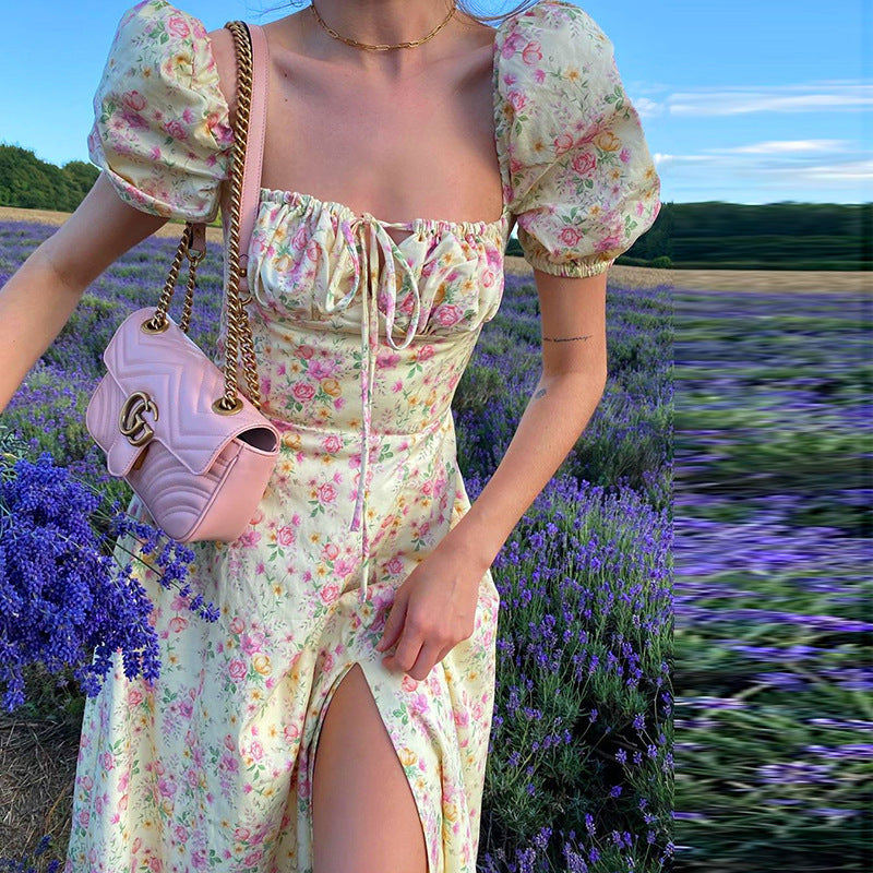 Luxlili | Robes longues d'été à fleurs avec manches courtes bouffantes Laurienne Paris