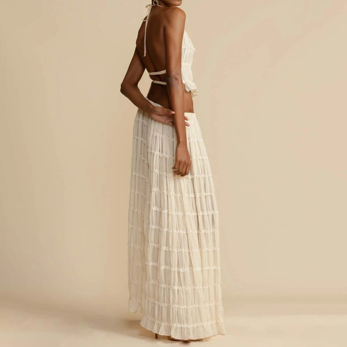 Luxlili | Ensemble 2 pièces femme – Top court dos nu à col halter et jupe longue plissée Laurienne Paris