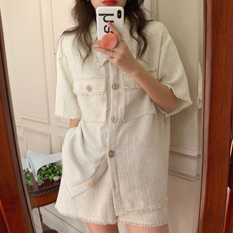 Chemise chic à boutons avec col tailleur et franges Luxlili
