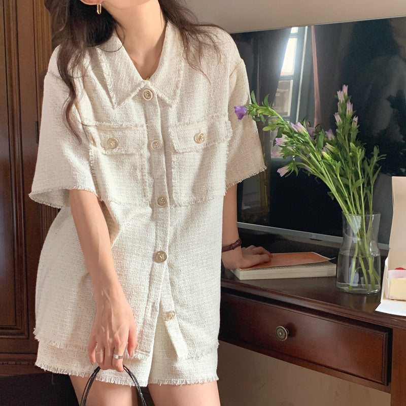 Chemise chic à boutons avec col tailleur et franges Luxlili