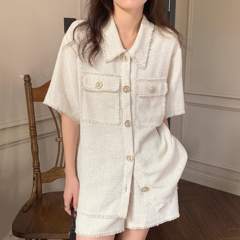 Chemise chic à boutons avec col tailleur et franges Luxlili