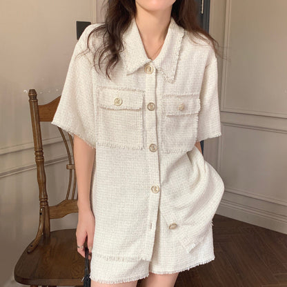 Chemise chic à boutons avec col tailleur et franges Luxlili