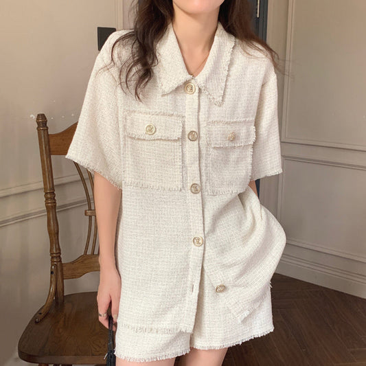 Chemise chic à boutons avec col tailleur et franges Luxlili