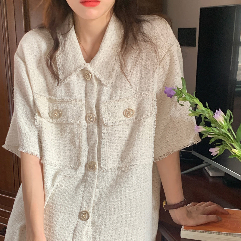 Chemise chic à boutons avec col tailleur et franges Luxlili