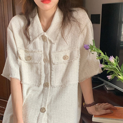 Chemise chic à boutons avec col tailleur et franges Luxlili