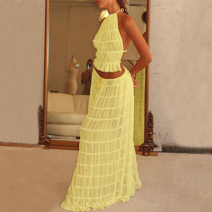 Luxlili | Ensemble 2 pièces femme – Top court dos nu à col halter et jupe longue plissée Laurienne Paris