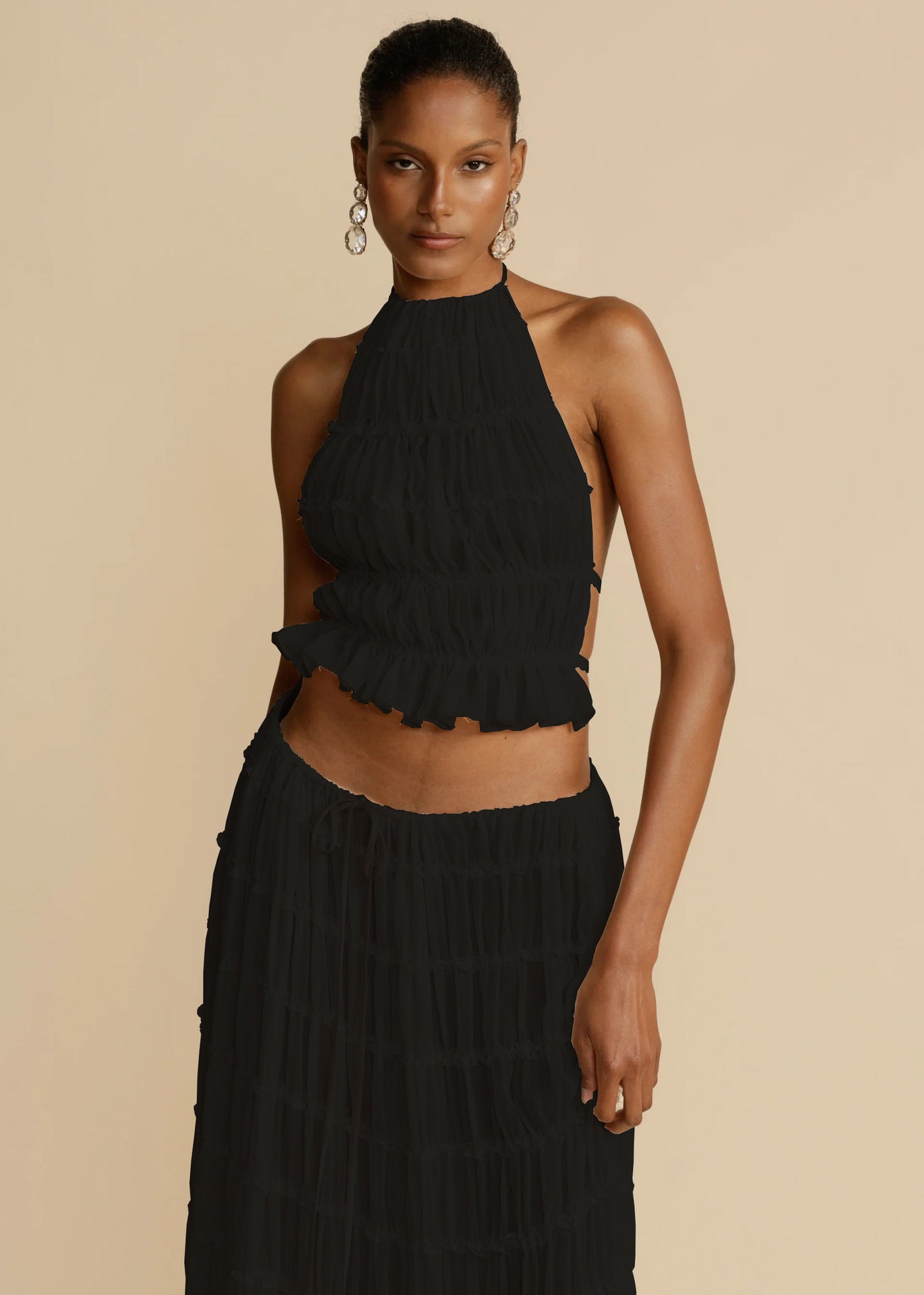 Luxlili | Ensemble 2 pièces femme – Top court dos nu à col halter et jupe longue plissée Laurienne Paris