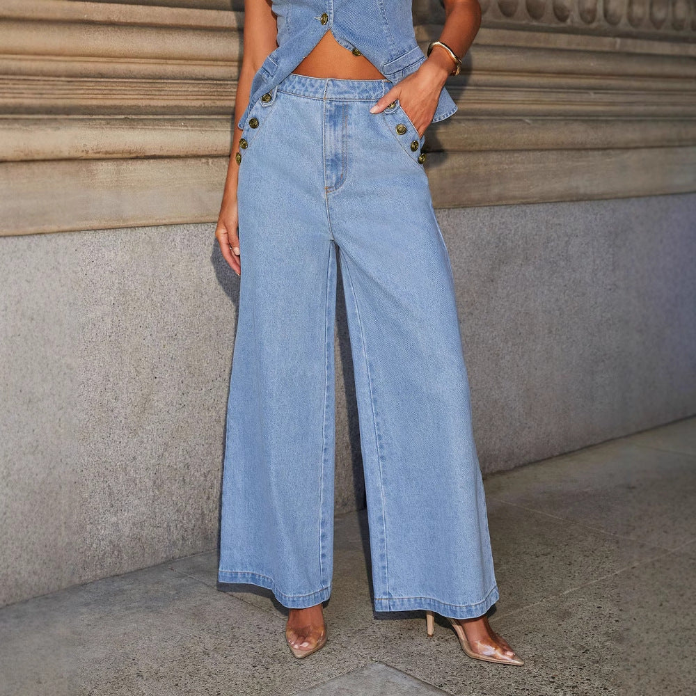 Luxlili | Ensemble en jean femme – Gilet sans manches et pantalon droit à poches Luxlili