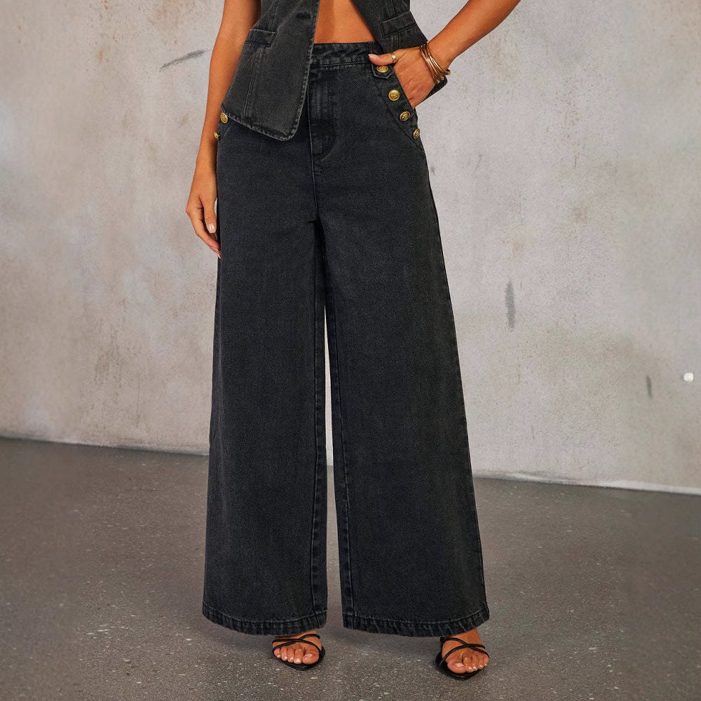 Luxlili | Ensemble en jean femme – Gilet sans manches et pantalon droit à poches Luxlili