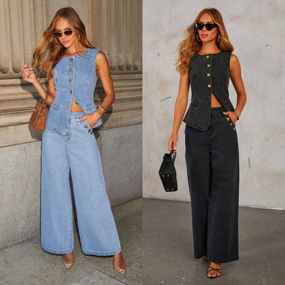Luxlili | Ensemble en jean femme – Gilet sans manches et pantalon droit à poches Luxlili