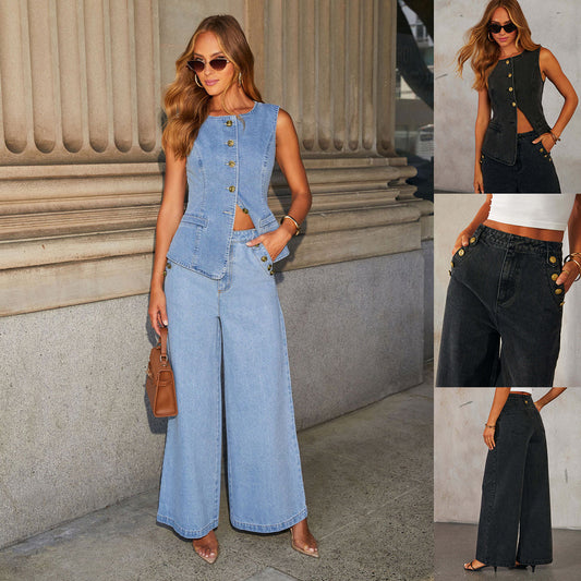 Luxlili | Ensemble en jean femme – Gilet sans manches et pantalon droit à poches Luxlili
